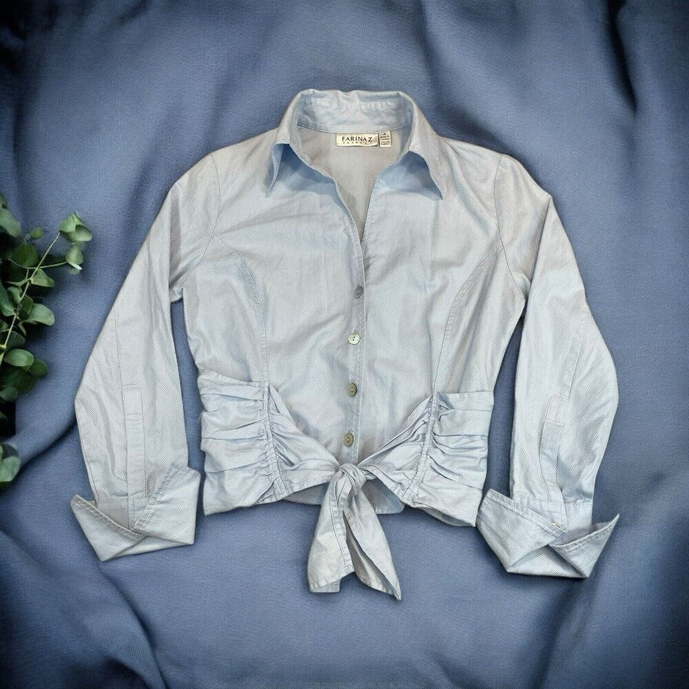 Y2K Farinaz Taghavi Blue Ruched Front Button Tie Blouse Women’s Sz 4 Resort Wear